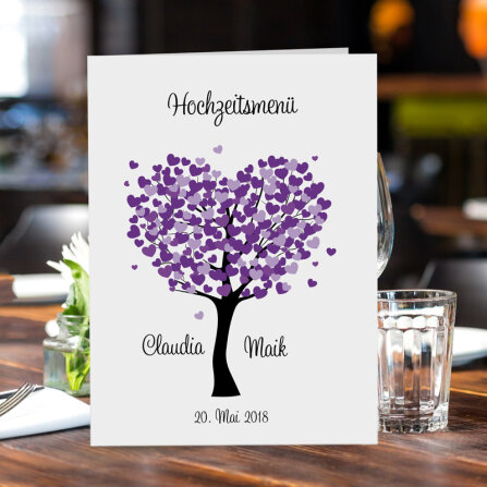 Menükarte Hochzeit Herzbaum lila