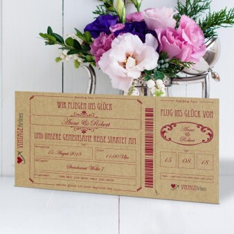 Einladungskarte Hochzeit Vintage Boarding Pass Bordeaux