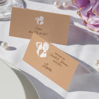 Tischkarte Hochzeit Liebespaar braun inkl. Namensdruck