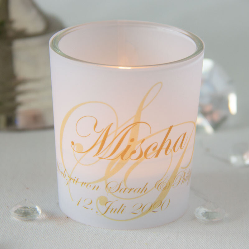 Tischkarte Hochzeit Windlicht Initialen Gold inkl. Personalisierung & Glas