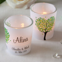 Tischkarte Windlicht Herzbaum grün inkl. Personalisierung & Glas