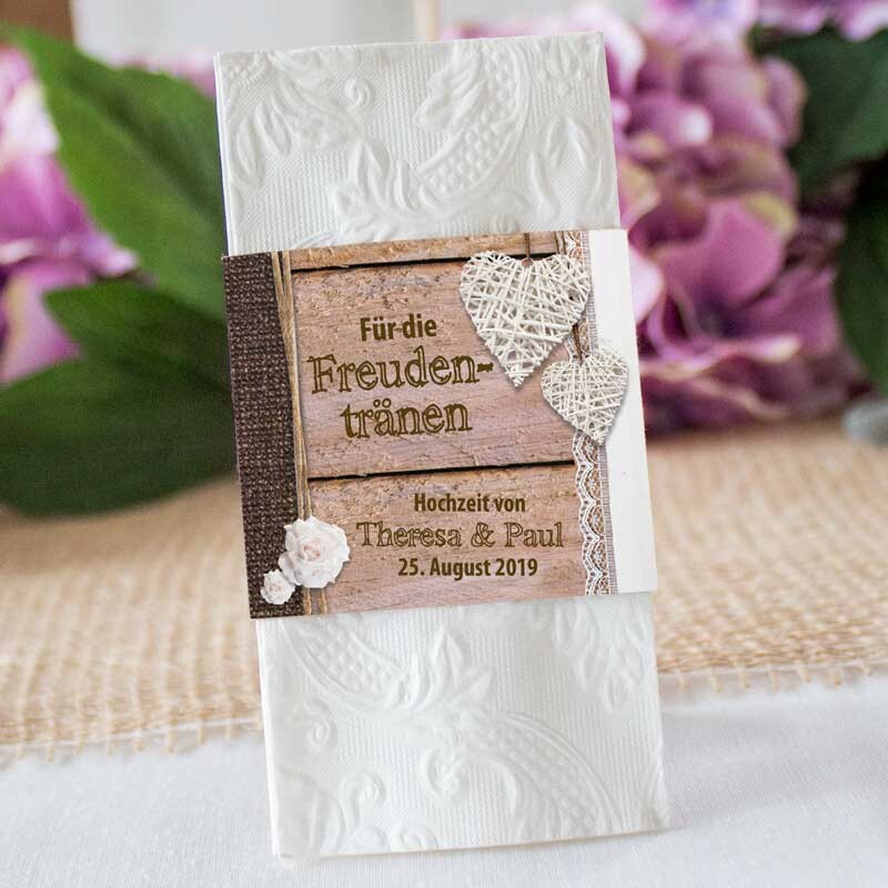 100 Freudentränen Taschentücher Banderolen personalisiert für Hochzeiten 