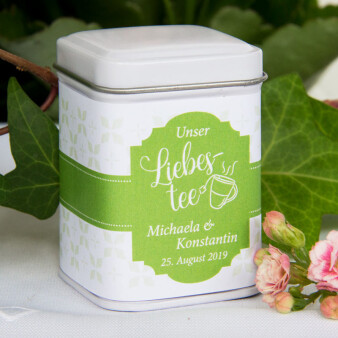 Teedose mit Aufkleber "Liebestee" personalisiert
