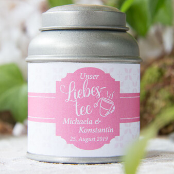 Teedose silber mit Aufkleber "Liebestee" personalisiert