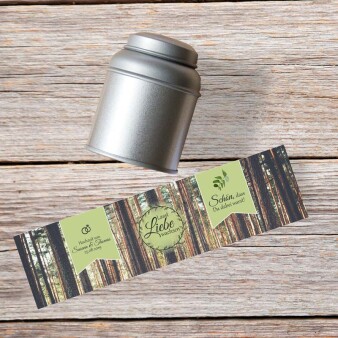 Teedose silber  mit Aufkleber Waldhochzeit personalisiert